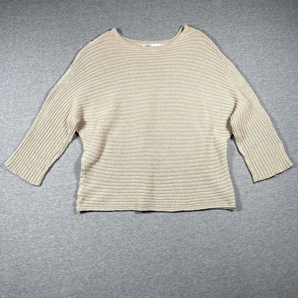 FP BEACH Pullover Womens S Beige Open-Knit 3/4 Sleeve Crew Neck Sweater